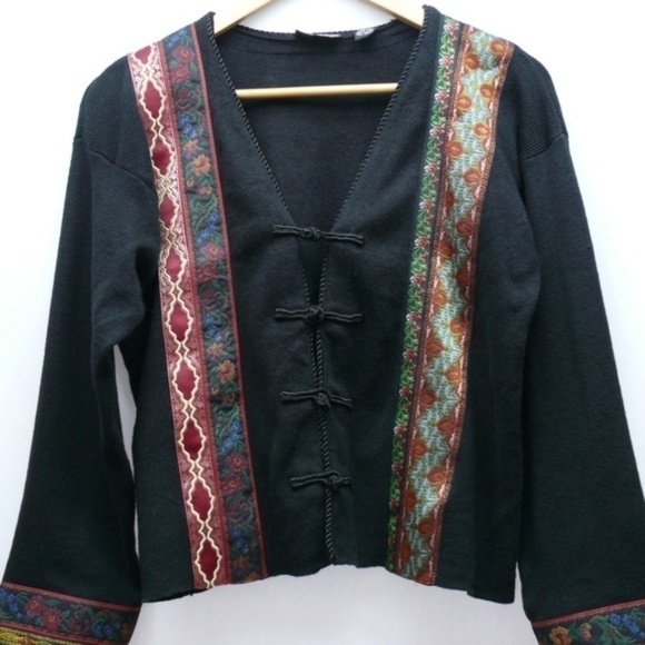 Carole Little Sweater Small Ribbon Black Knit Cardigan Boho - Picture 8 of 8